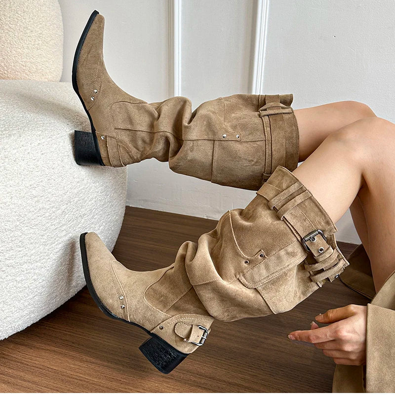 Cyflymder  Autumn Winter Pleated Women Western Cowboy Boots Vintage Square Low Heels Shoes Female Belt Buckle Long Booties