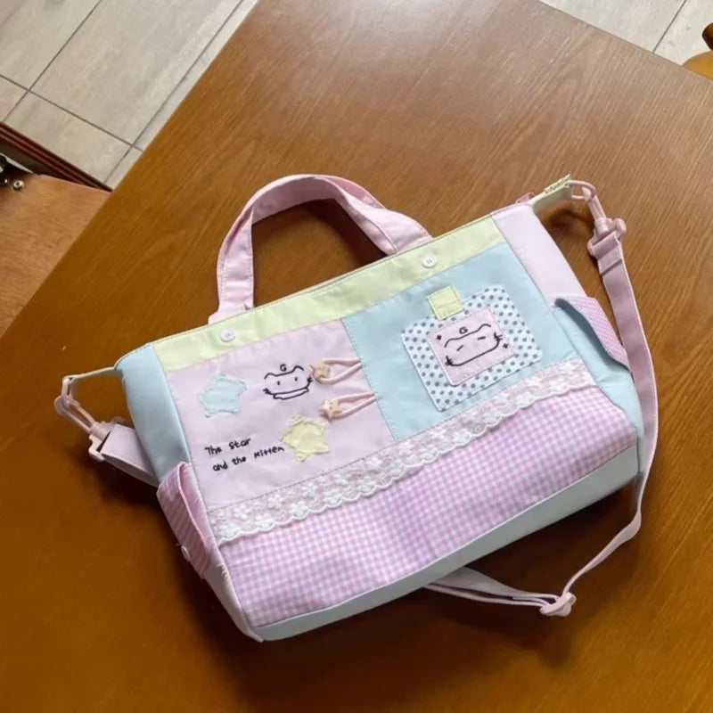 Cyflymder  All Match Kawaii Cat Embroidery Crossbody Bag Fashion Y2k Chic Canvas Bags Contrast Color Plaid Patchwork Lace Shoulder Handbags
