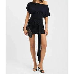 Cyflymder  Diagonal Collar Backless Sexy Mini Dress Women Elegant One Shoulder Short Sleeve Draped Ruched Slinky Club Party Dress
