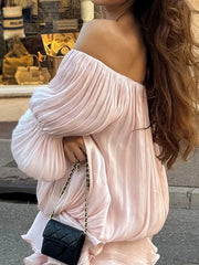 Cyflymder  Women's Elegant Off Shoulder Long Sleeve Dress Fashion Temperament Hight Waist Short Dress Casual Draped Solid Ruffle Mini Dress