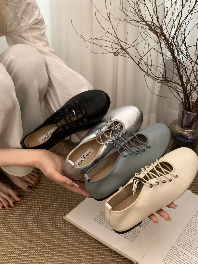 Cyflymder  Retro Lace Soft Leather Women Flats Cozy Round Toe Ballet Style Outdoor Walking Casual Shoes Ladies Fashion Brand Designer Pumps