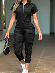 Cyflymder  Women Jumpsuit New Zipper Workwear Jumpsuit with Short Sleeved Collar Multiple Pockets Waist Belt