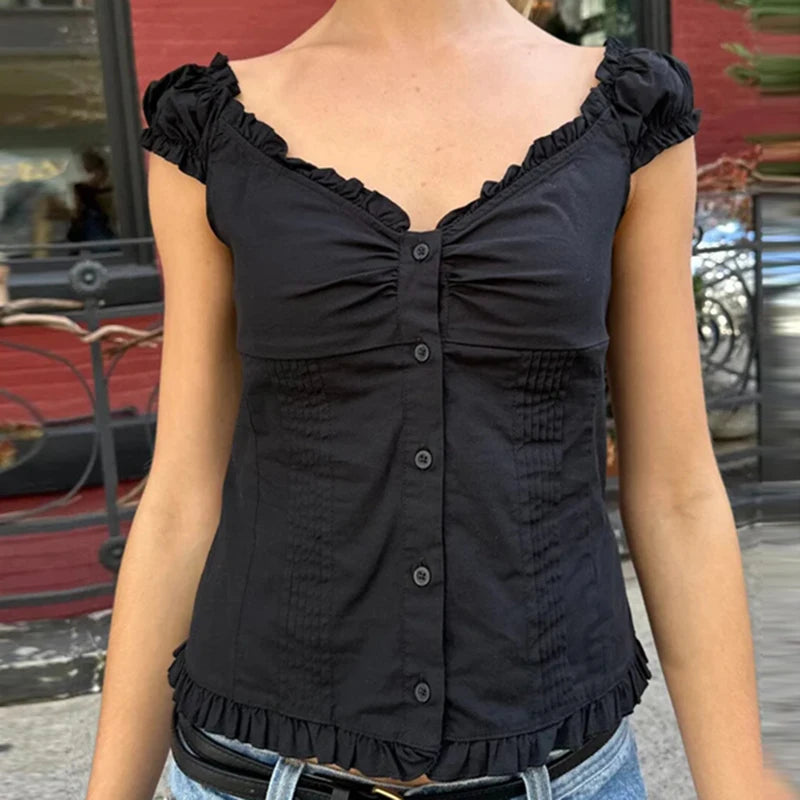 Cyflymder  Preppy Button Down Blouse Tops Y2k Vintage Cap Sleeve Women T-shirt 00s Fairy Frill V Neck Crop Tops Milkmaid Vest