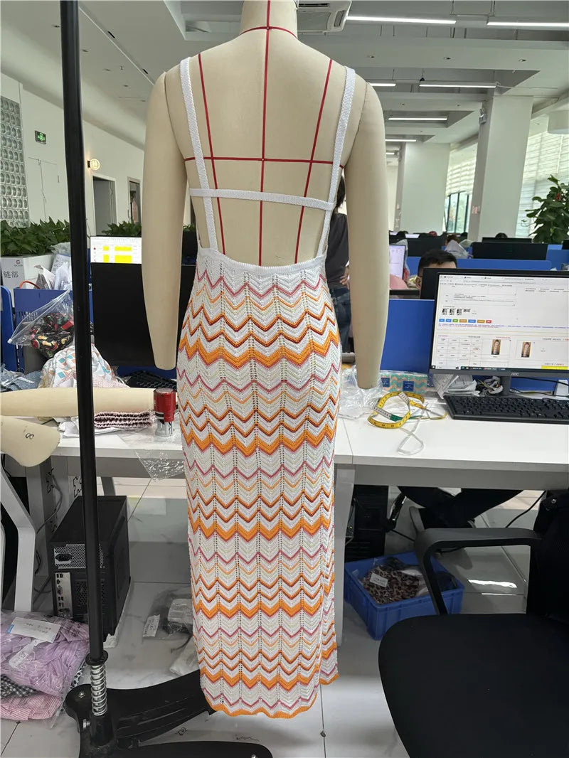 Cyflymder  Fashion Women Knitted Slip Dress Summer Wave Stripe Print Backless Party Dress for Vacation Cocktail Beach Streetwear