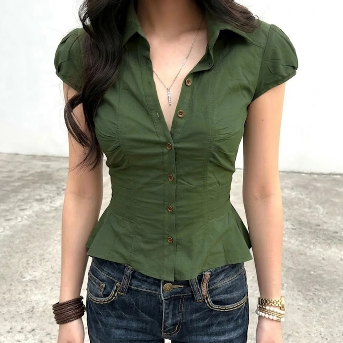 Cyflymder  Vintage Green Turn-Down Collar Puff Sleeves Blouse Elegant Single Breasted Slimming All Match Woven Tops Women' s Casual Shirts