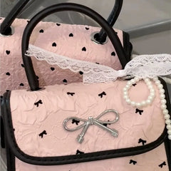 Cyflymder   Korean Style Sweet Cute Bow Handbag Women Pleated Lace Gentle Shoulder Bags Ladies Lovely Print Pattern Exquisite Crossbody Bag