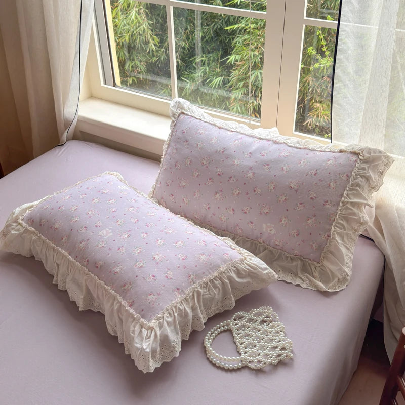 Cyflymder  Korean Princess Style Floral Lace Ruffles Bedding Set 100% Cotton Double Yarn Duvet Cover Flat/Fitted Bed Sheet Pillowcases 4Pcs