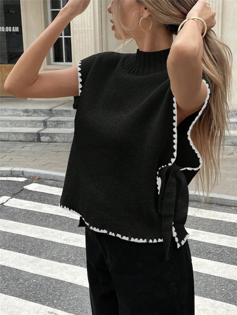 Cyflymder  Street Sle Loose Fit Women's Svel Sweater Vest  Knot Tied Color Blo Design Autumn Faion Polyester Fiber