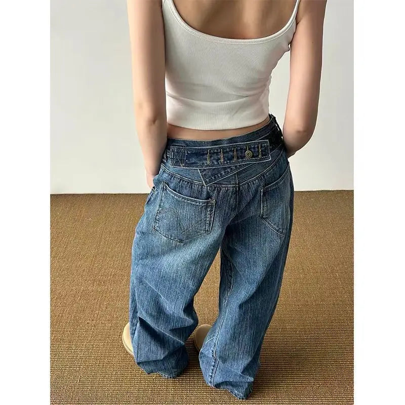 Cyflymder   American Vintage Paris Buckle Design Slub Cotton Denim Jeans Street Style Unique Straight Leg Loose All Match Long Pants