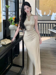 Cyflymder  Elegant Gold Sleeveless Long Dress V-Neckline Events Evening Parties Luxurious woman dresses  Hot Sexy Flowy Clothing