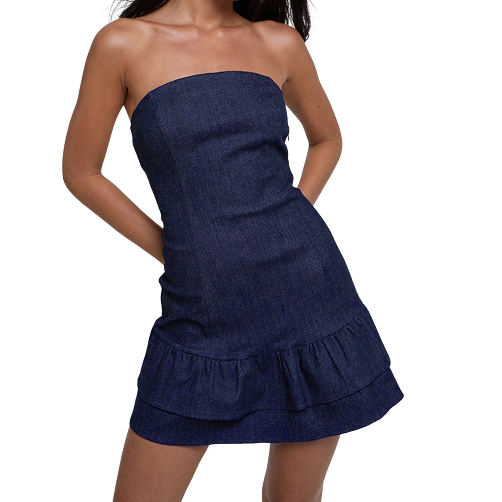 Cyflymder  Ladies Stylish Sleeveless Bandeau Dress with Off Shoulder Design in Solid Color Denim Fabric Perfect for Summer Beach Outings