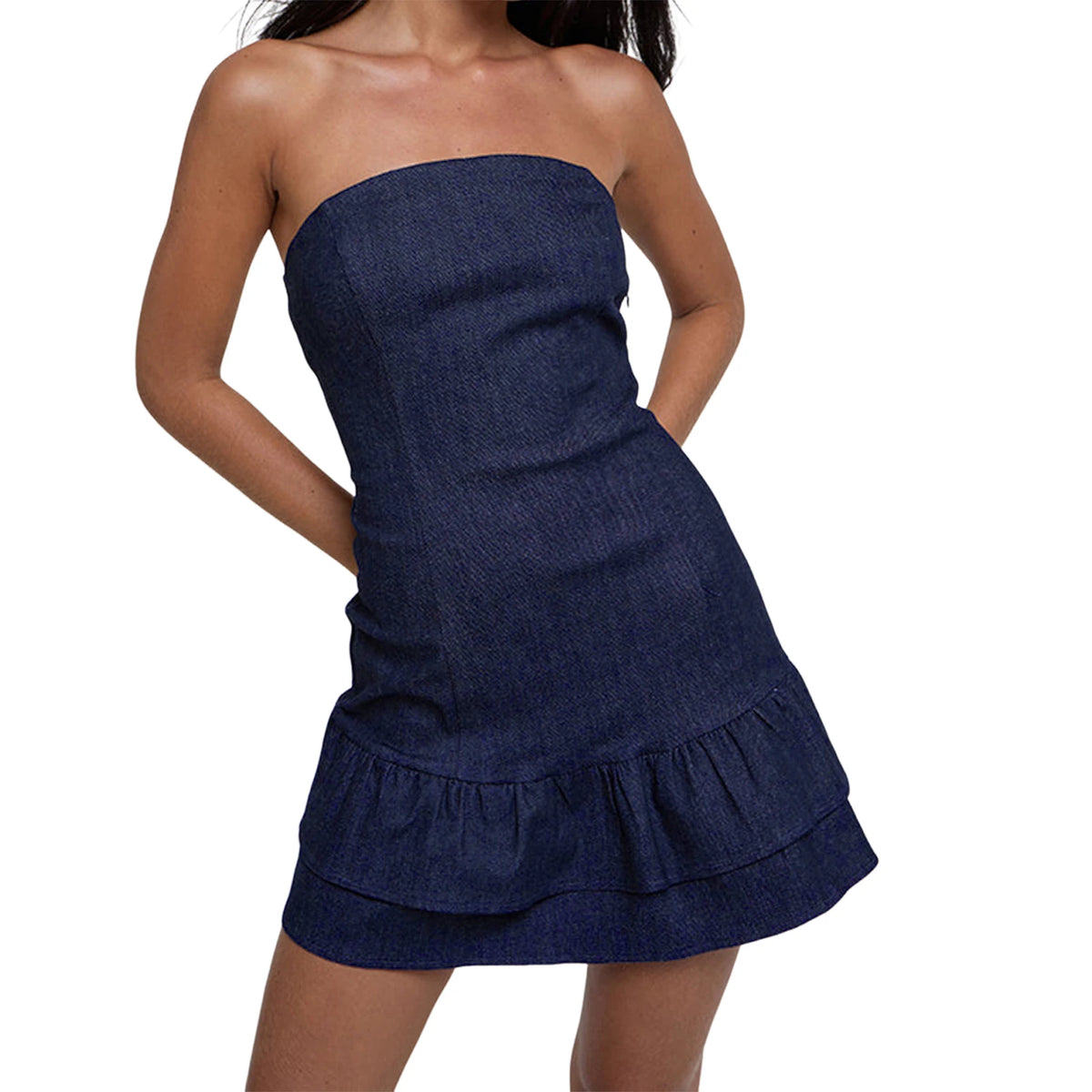 Cyflymder  Ladies Stylish Sleeveless Bandeau Dress with Off Shoulder Design in Solid Color Denim Fabric Perfect for Summer Beach Outings