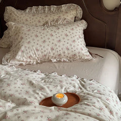 Cyflymder  100% Cotton Pastoral Floral Print Ruffles Bow Princess Bedding Set Queen King Duvet Cover Set Bed Sheet/Fitted Sheet Pillowcases