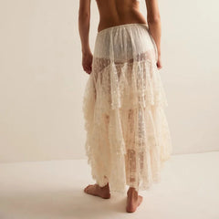 Cyflymder  Women Lace Midi Skirts Y2K Sheer Mesh Low Rise Asymmetrical Skirts Sexy See Through Flowy Beach Cover Up Skirt