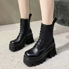 Cyflymder Punk Goth Ankle Boots Women Black Chunky Wedge Platform Shoes Woman Lace Autumn Patent Leather Footwear Lady Botas Mujer