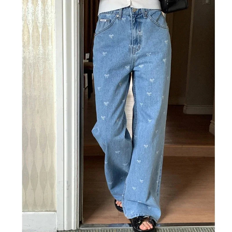 Cyflymder  Korean Sle Women's Jeans 2024 New Elegant  Knot Fashionable Youthful Loose Design Straight Leg Long Pants