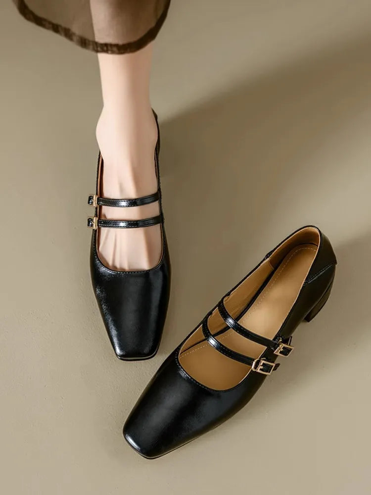 Cyflymder  Women's Mary Jane Shoes 2025 Spring Autumn New Fashion Buckle Strap Luxury Leather Shoes Comfortable Square Toe Party Sexy Pumps