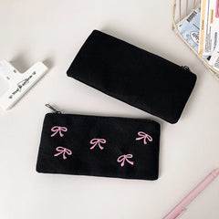 Cyflymder  1 PCS Fashionable Black Canvas Pen Bag With Embroidery Pink Bow Storage Bag For Student Friend Gift