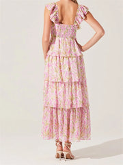Cyflymder  Elegant Off-Shoulder Maxi Dress with Delicate Floral Print and Flowy Ruffled Layers Perfect for Spring and Summer Events