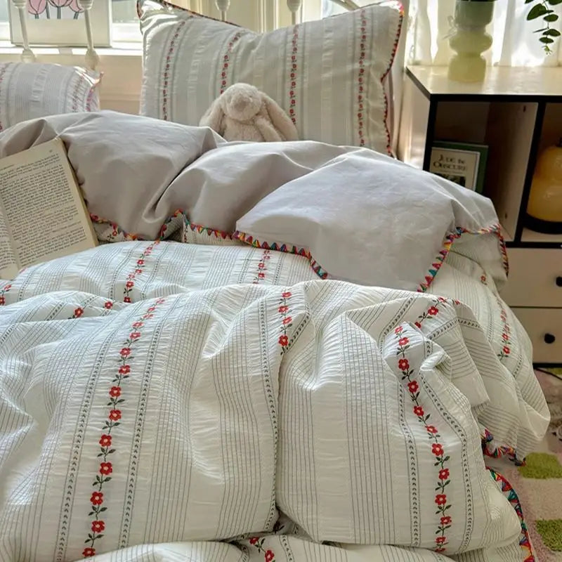 Cyflymder  100% Cotton Yarn-dyed Jacquard Floral Bedding Set Single Queen King Size Duvet Cover Bed Sheet/Fitted Sheet Pillowcases 3/4Pcs