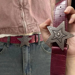 Cyflymder  Hip-hop Retro Ladies Belts Gothic Punk Five-pointed Star Buckle Pu Leather Girdle Rock y2K Popular Red Waistband Waist Belt