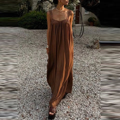 Cyflymder  Elegant Backless Pleat Loose Maxi Dress Women Summer Solid Color Commute A-line Dress Casual U Collar Sleeveless Suspender Dress