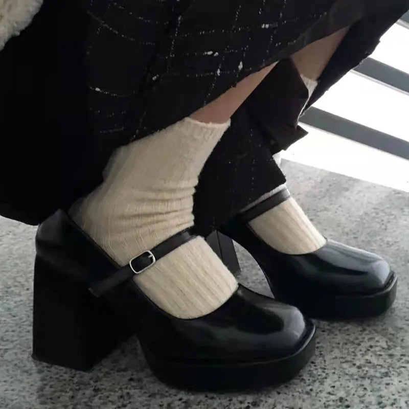 Cyflymder  Retro Style Black Round Toe Platform Women Mary Jane Shoes Chunky High Heels Buckle Strap Design Fashion Pumps Shoes