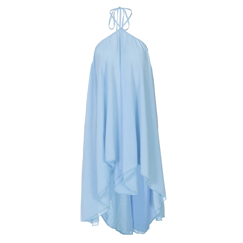 Cyflymder  Halter Pleated Backless Irregular Mini Dress Women Off Shoulder Sexy Big Swing A-line Holiday Dresses 2025 Summer Party Robe