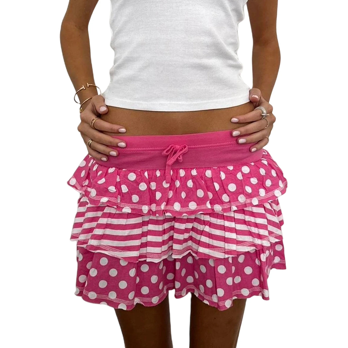 Cyflymder  Women s Summer Mini Skirts Pink Dot Print Tiered Skirt for Daily Travel Parties