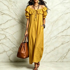 Cyflymder  Summer Woman Dress Round Neck Short Sleeve Ruffle Dresses Women's Summer Loose Fit Maxi Dress Chiffon Boho Style Casual Dress