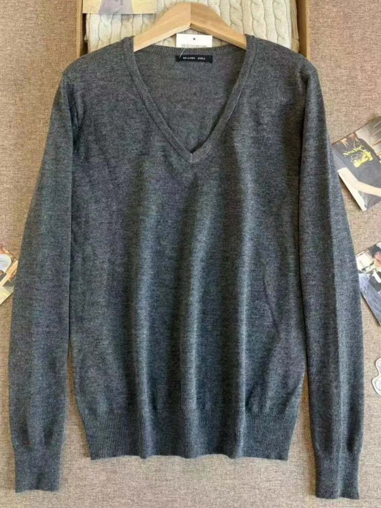 Cyflymder  Gray V-neck Sweater Women Spring Streetwear Simple Cotton Slim Long Sleeve Knitted Tops Vintage Chic Y2K Sweaters