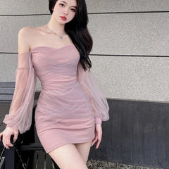 Cyflymder French Sexy Halter Mesh Party Strapless Dress Women Spring Elegant Long Sleeve Slim Waist Wrapped Short Dresses Vestido