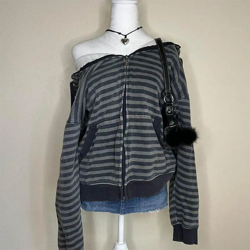 Cyflymder  Vintage Sexy Spice Girl Off The Shoulder Zip Up Sweatshirt Y2k Niche Loose Striped Fashion Autumn Sweet Cool Coats Punk Lazy Top