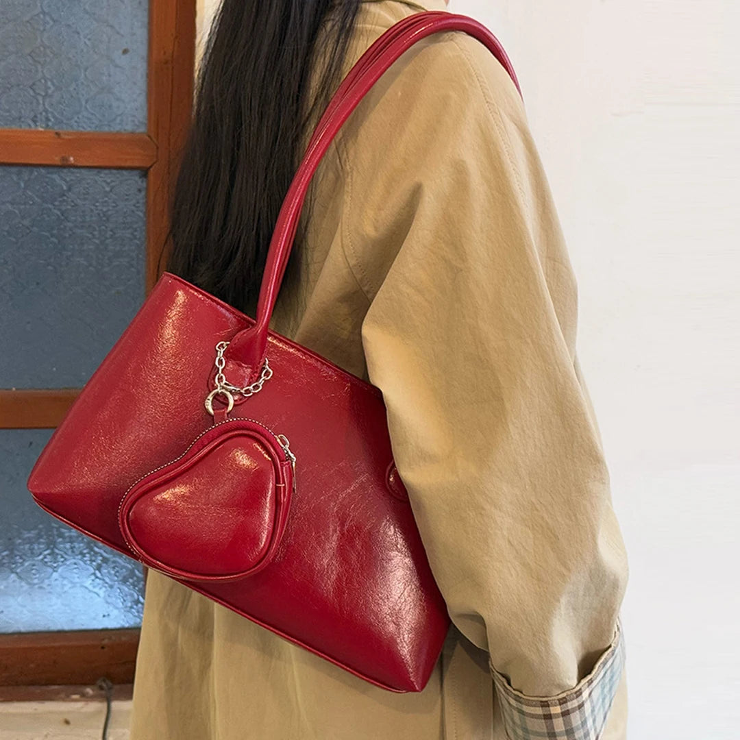 Cyflymder  Korean Long Handle Shoulder Bag, Large Capacity Women's Commuting Tote Bag, Fashionable and Elegant Wine Red Bridal Bag