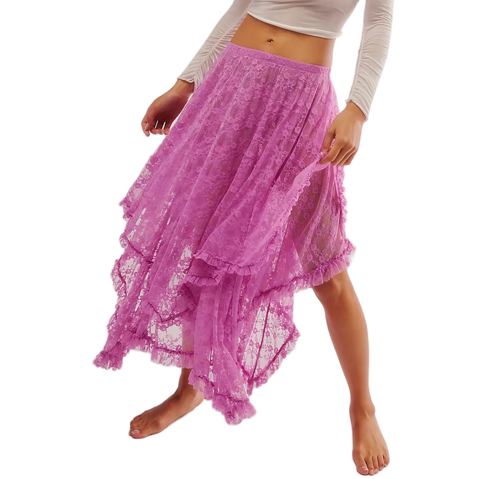 Cyflymder  Women's Solid Color Midi Skirts Lace Elastic High Waist Skirts Spring Summer Sweet Irregular Hem Casual Skirts