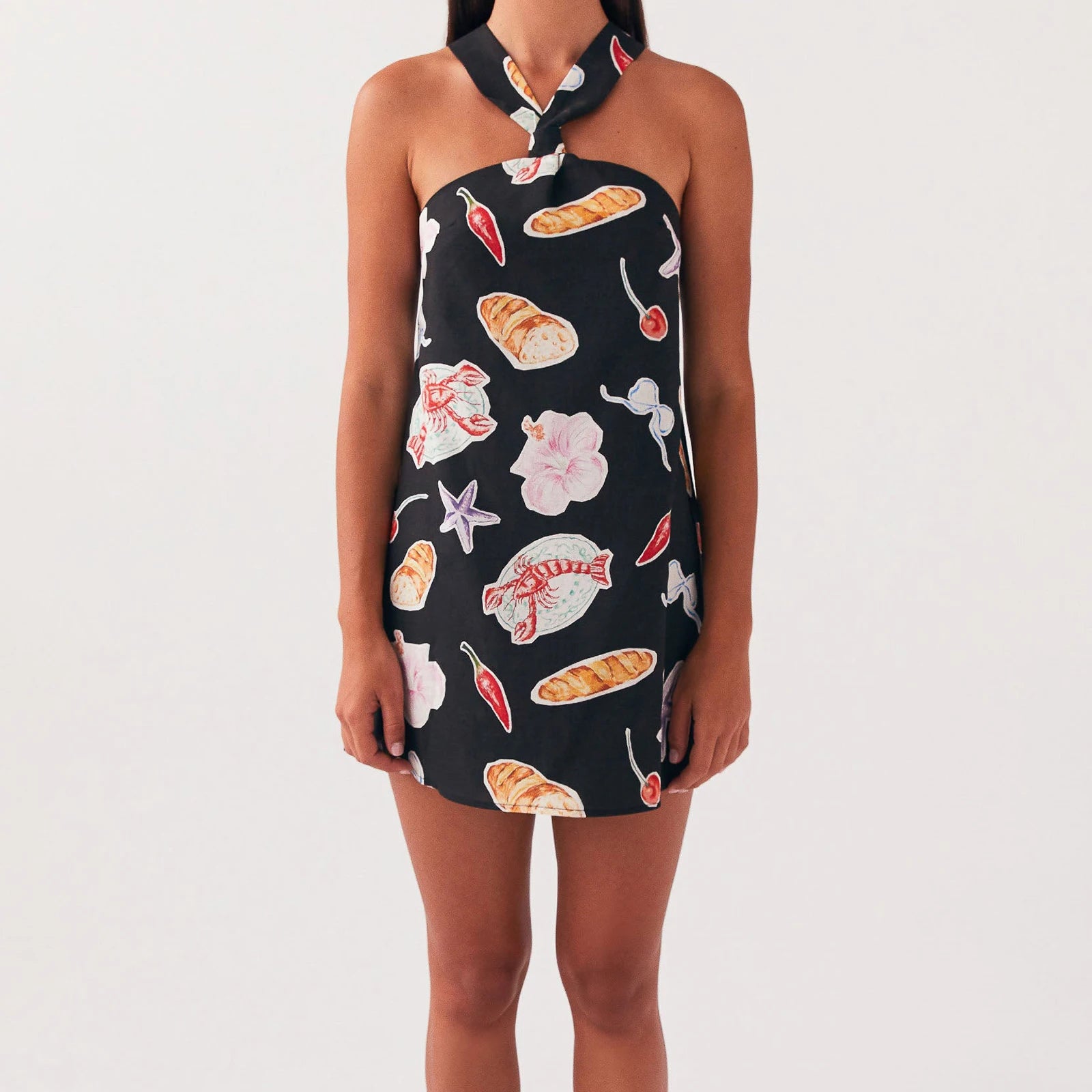 Cyflymder  Elegant Floral Print Halter Neck Backless Dress Women s Summer Sleeveless Casual Mini Dress Solid Color Fashion