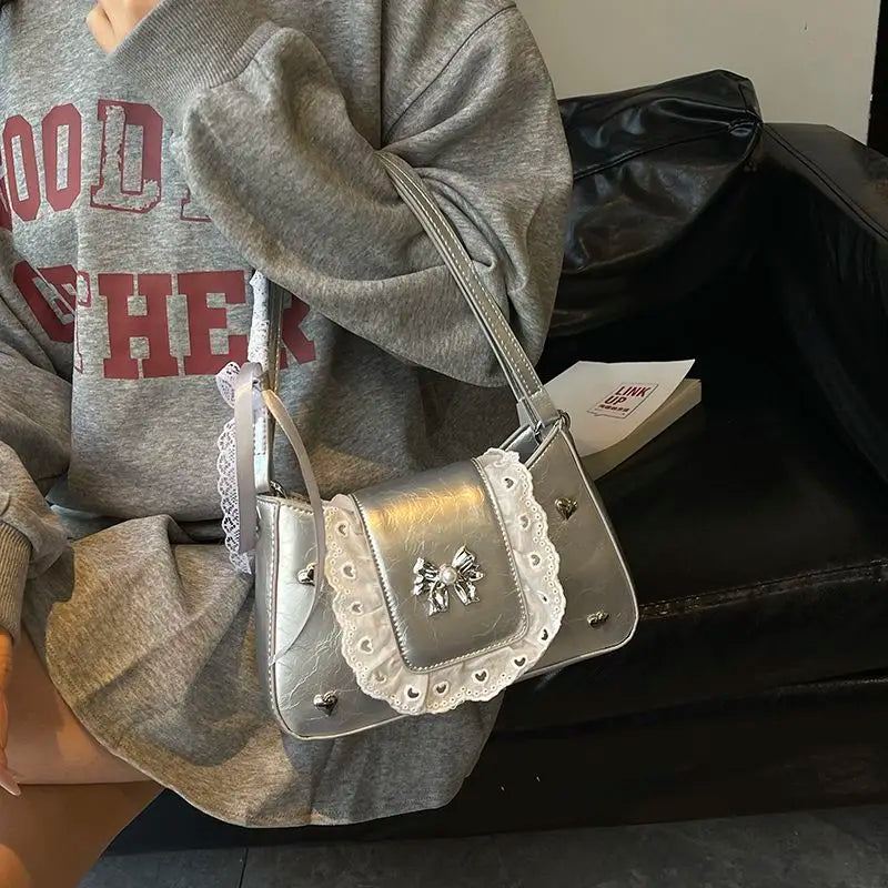 Cyflymder  Fashion Patchwork Lace Office Lady Shoulder Bags Sweet Heart Elegant Women Underarm Bag Luxury Design Y2k Aesthetic Ins Handbags