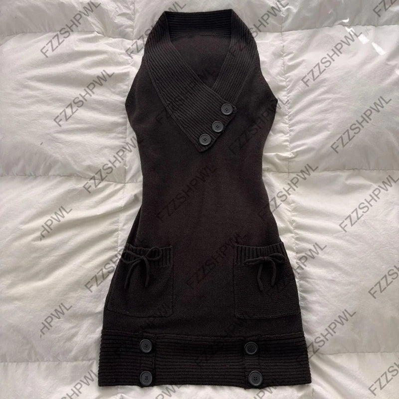 Cyflymder  Women Halter Sleeveless Knit Mini Dress Wrap Lapel Button Detail Bow Pockets Bodycon Y2K Gothic Vintage Short Dress Punk Street