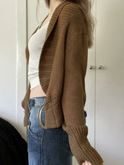 Cyflymder   casual vintage solid Turn Down Collar long sleeve short slim-waist knitted Cardigan