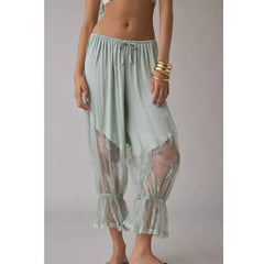 Cyflymder  Women Lace Trim Bloomers Pants Drawstring Waist Long Pants Ruffle Patchwork Cropped Lounge Pants Pettipants Y2k Steetwear