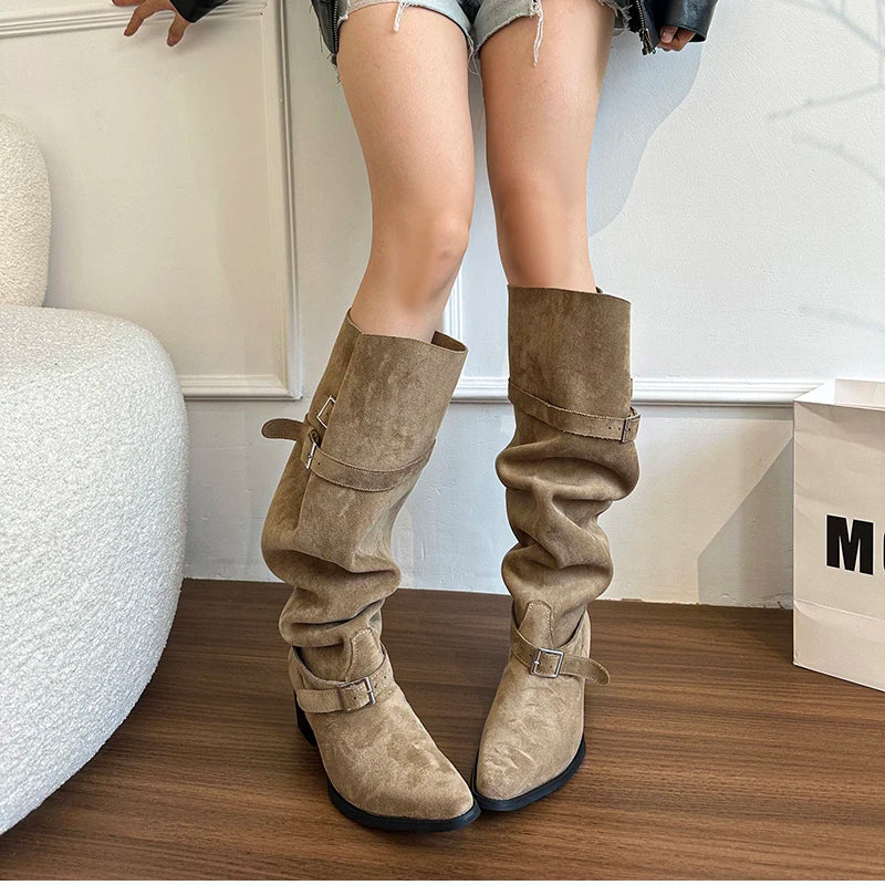 Cyflymder  Autumn Winter Pleated Women Knee High Boots Vintage Square Low Heels Shoes Female Belt Buckle Long Booties