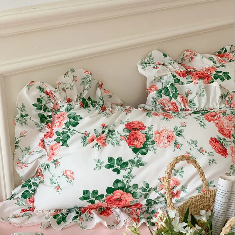 Cyflymder  French Vintage Bed Skirt Bedding Set 100% Cotton Rose Print Linen Set Lace Ruffles Duvet Cover Bed Sheet Fitted Sheet Pillowcase