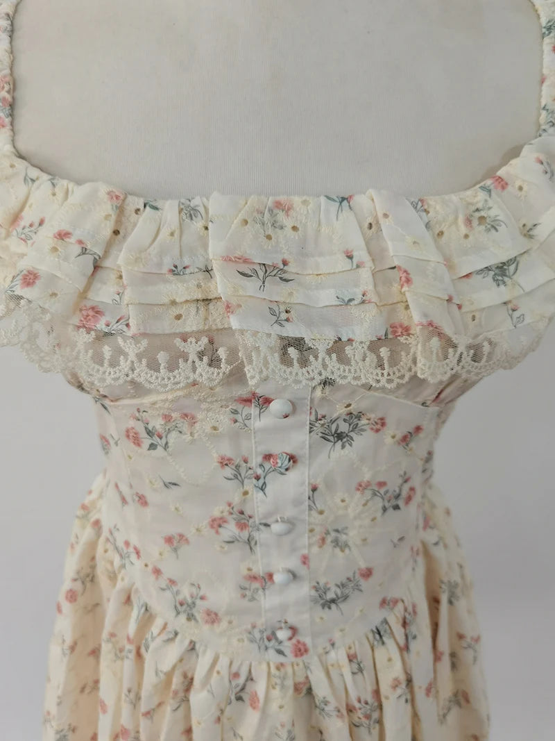 Cyflymder  French Style Hot Girl Floral Dress Women's Spring Lace Slim Fit Square Collar Strap A-line Short Dress Fashion Female Clothes