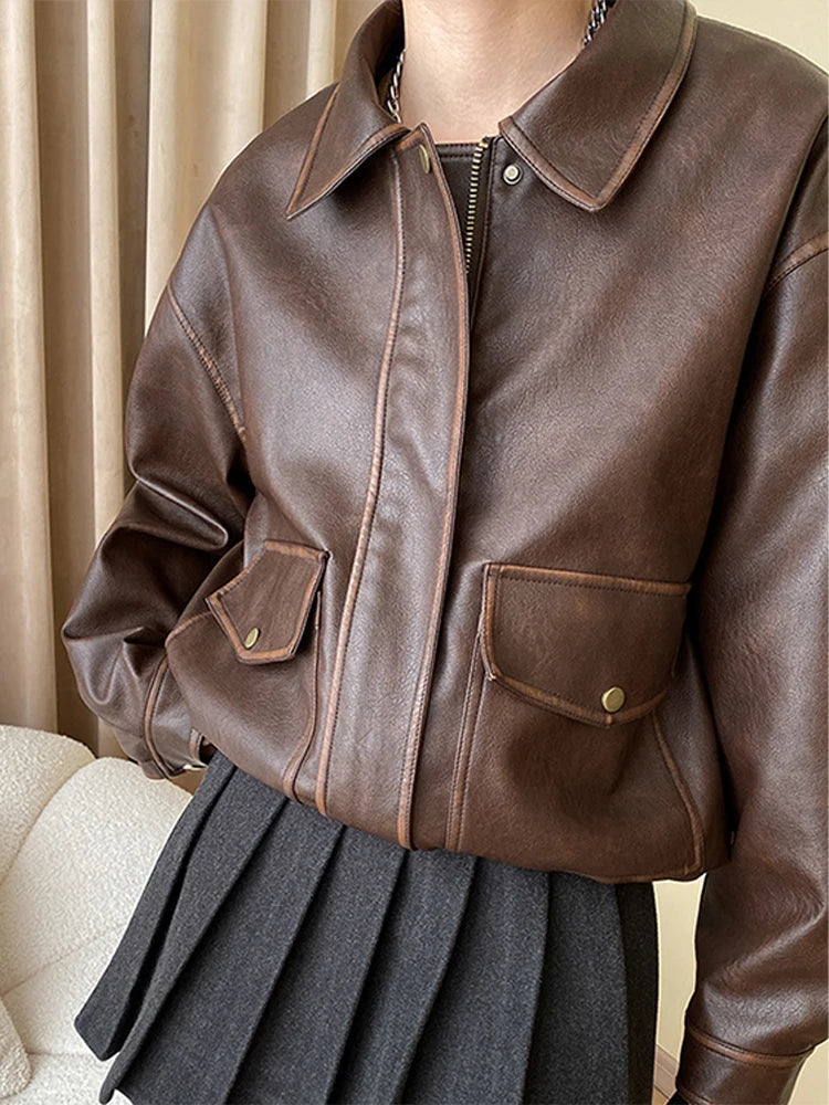 Cyflymder Vintage Maillard Leather Jacket Silhouette Craft PU Leather Motorcycle Jacket Top Women Loose Thickened Brown Coat Spring Autumn