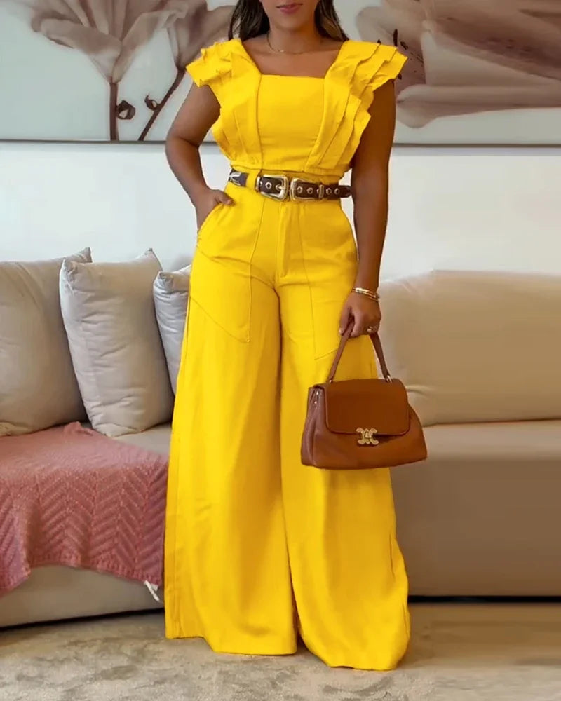 Cyflymder  Elegant 2-Piece Set Square Neck Flutter Sleeve Shirred Top High Waist Wide Leg Pants Women's Casual Comfortable Outfits
