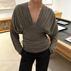 Cyflymder   Fashion Folds V-neck Solid Long Sleeve T-shirts Women Chic Slimming Waist Versatile Crop Tops Autumn Basic Backless Clothes