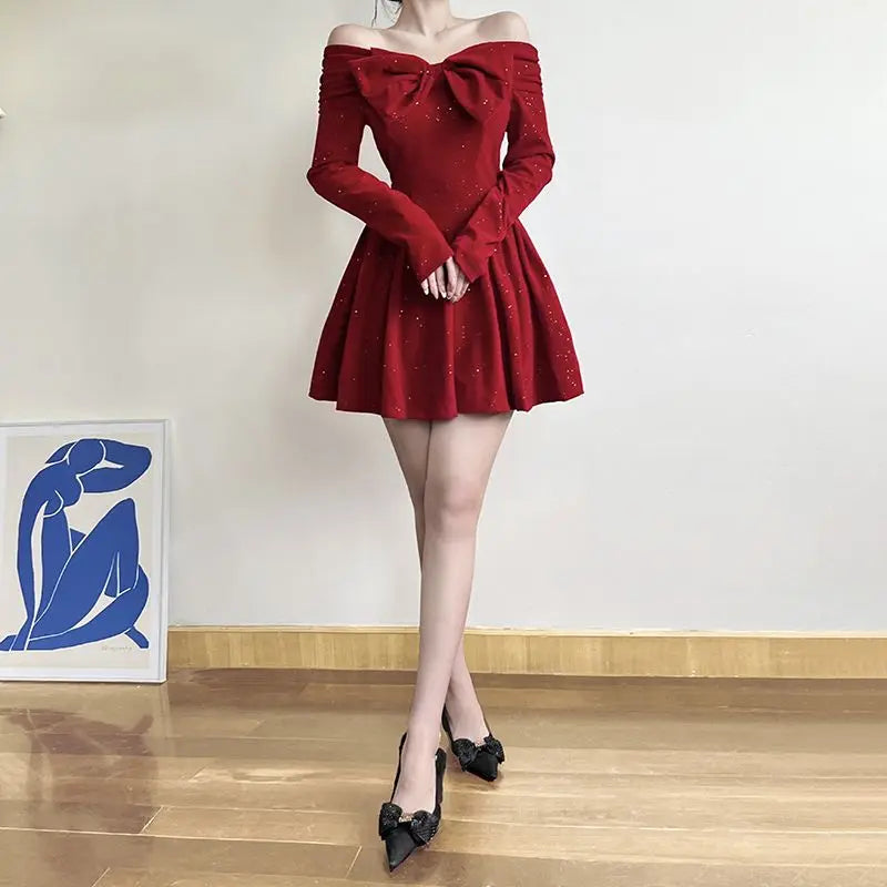 Cyflymder NEW YEAR DRESS Holiday Christmas Bow Velvet A-Line Red Dress Slim Slash Neck Long Sleeve Mini Dresses For Women Autumn Winter Lady