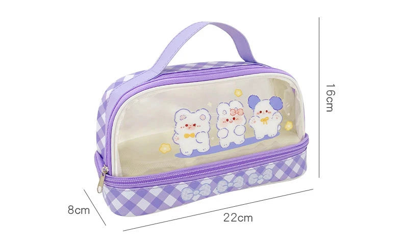 Cyflymder  Cute Transparent Pencil Case Kawaii Bunny Bear Pencil Pouch 2- Layer High Capacity Waterproof Protable Stationery Storage Bag