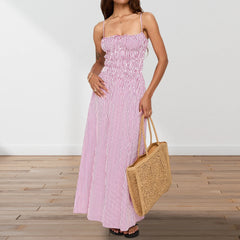 Cyflymder  Smocked Long Dress y2k Women Stripes/Floral Print Spaghetti Strap Sleeveless Dress Vacation Party Dresses Streetwear