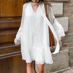 Cyflymder  New French Simple Jacquard V-neck Long-sleeved Ruffle Edge Dress for Women